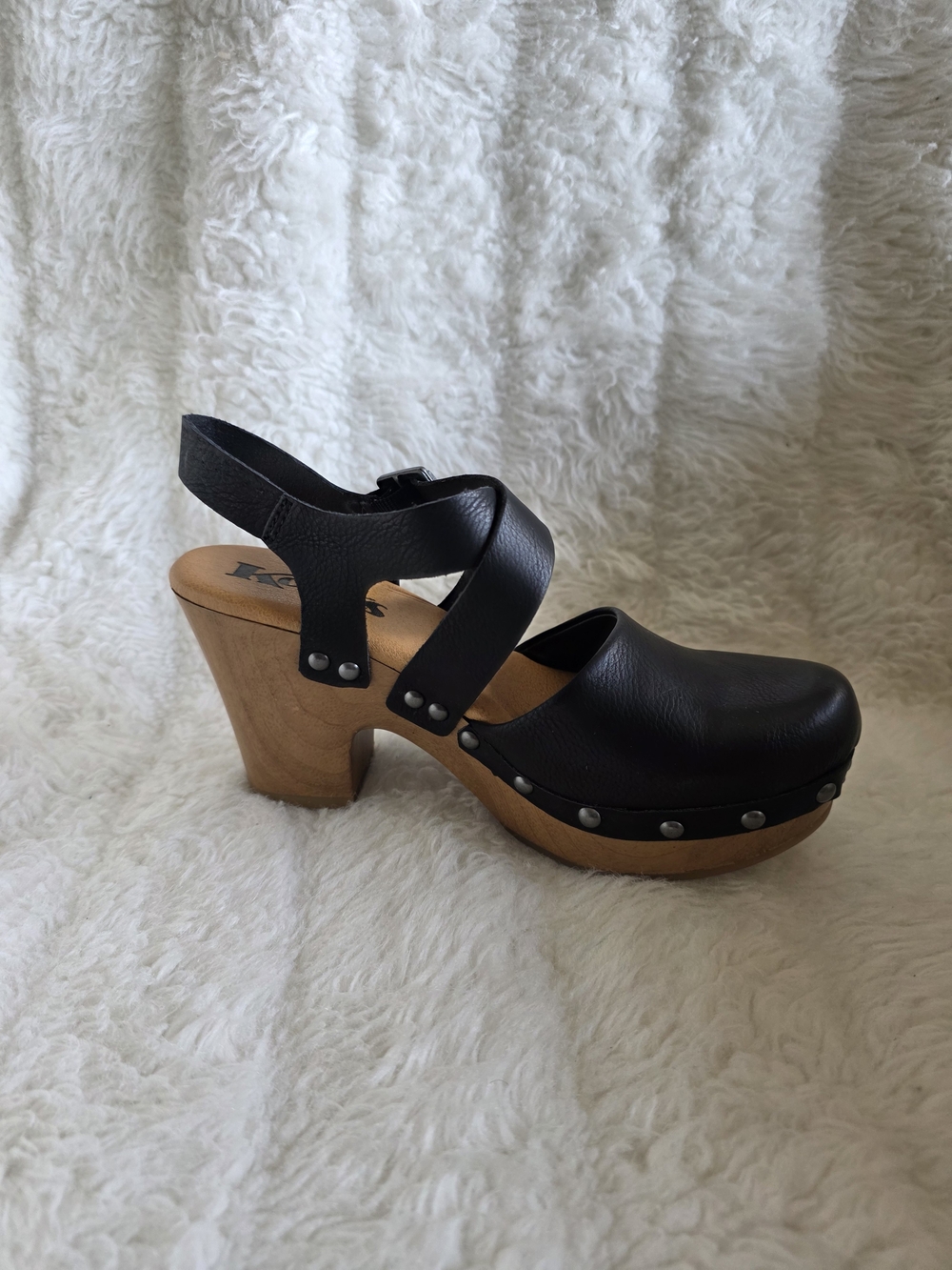 Kork-Ease Black Man Made Leather Studded Wooden Clog Mule